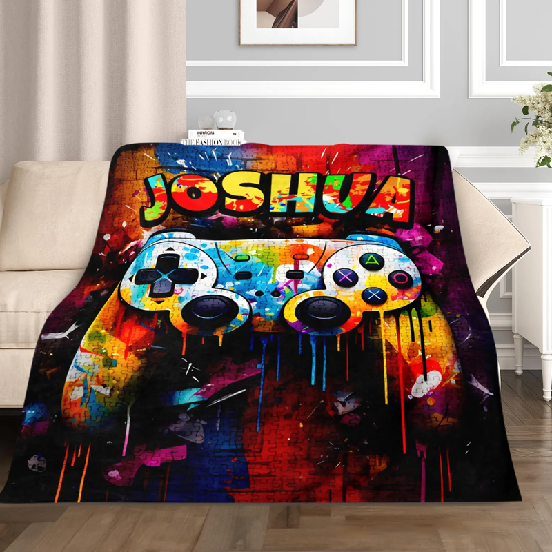 Personalised Custom Gaming Blanket with Name Blanket Kids Blanket Gamepad Blanket for Him Geek Lover