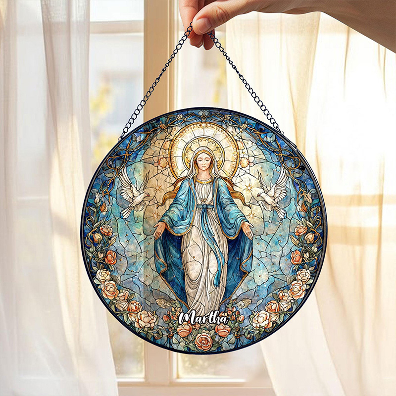 Personalized Virgin Mary Stained Glass Suncatcher Ornament with Name Our Lady of Grace Round Window Hanging Blue Rose Halo Home Decor Catholic Gift