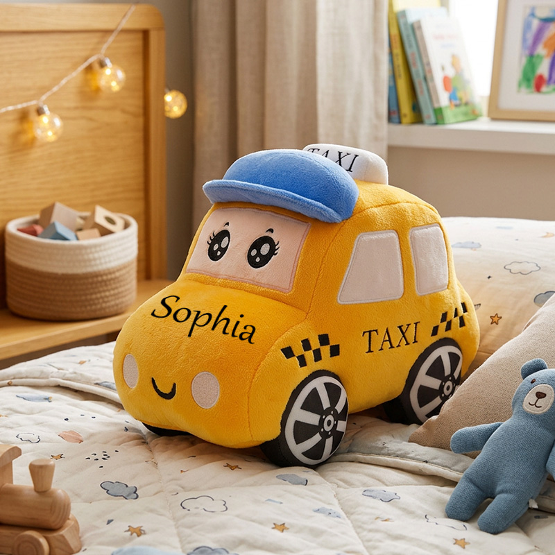 Personalized Police Car Taxi Car Plush Toy Custom Name Soft Blue Vehicle Pillow Kids Birthday Gift Playroom Decor