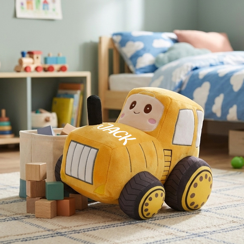 Personalized Garbage Truck Plush Toy Custom Name Soft Blue Vehicle Pillow Kids Birthday Gift Playroom Decor