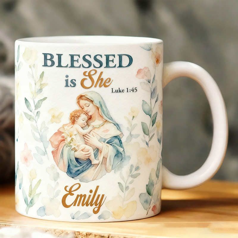 Personalized Blessed is She 11oz 15oz Ceramic Mug with Name Virgin Mary holding Baby Jesus Coffee Mug Watercolor Floral Cup Religious Gift for Her Sale-megacustom