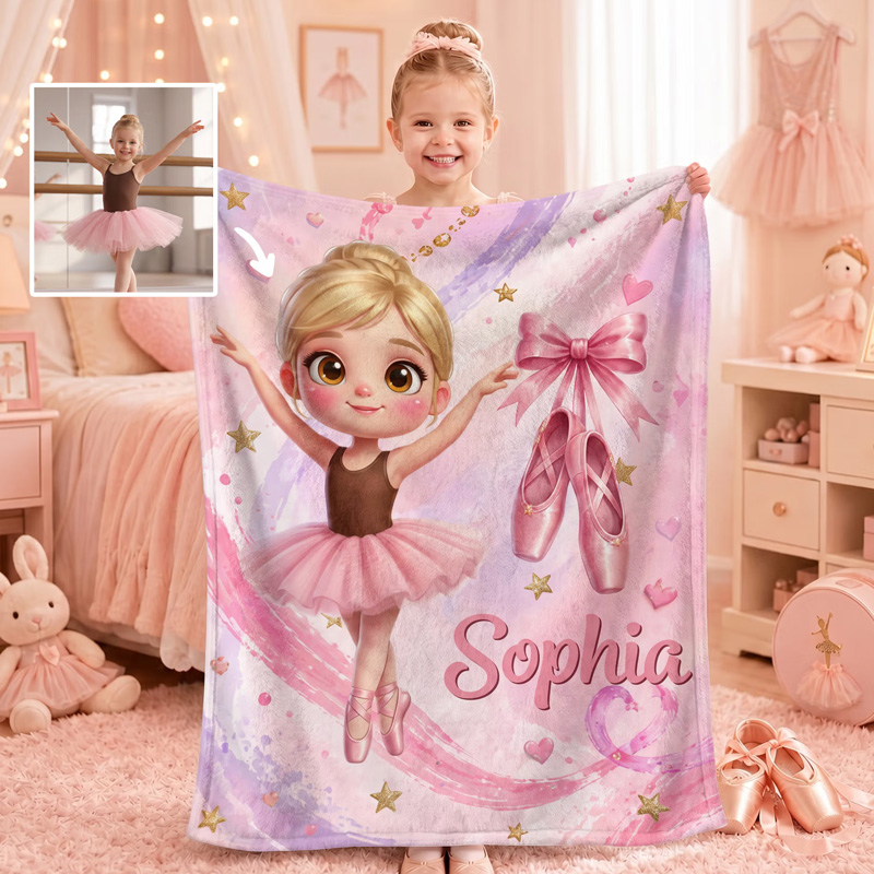 Personalized Ballerina Blanket Custom Name Pink Ballet Girl Soft Cozy Throw For Kids Bedroom Gift