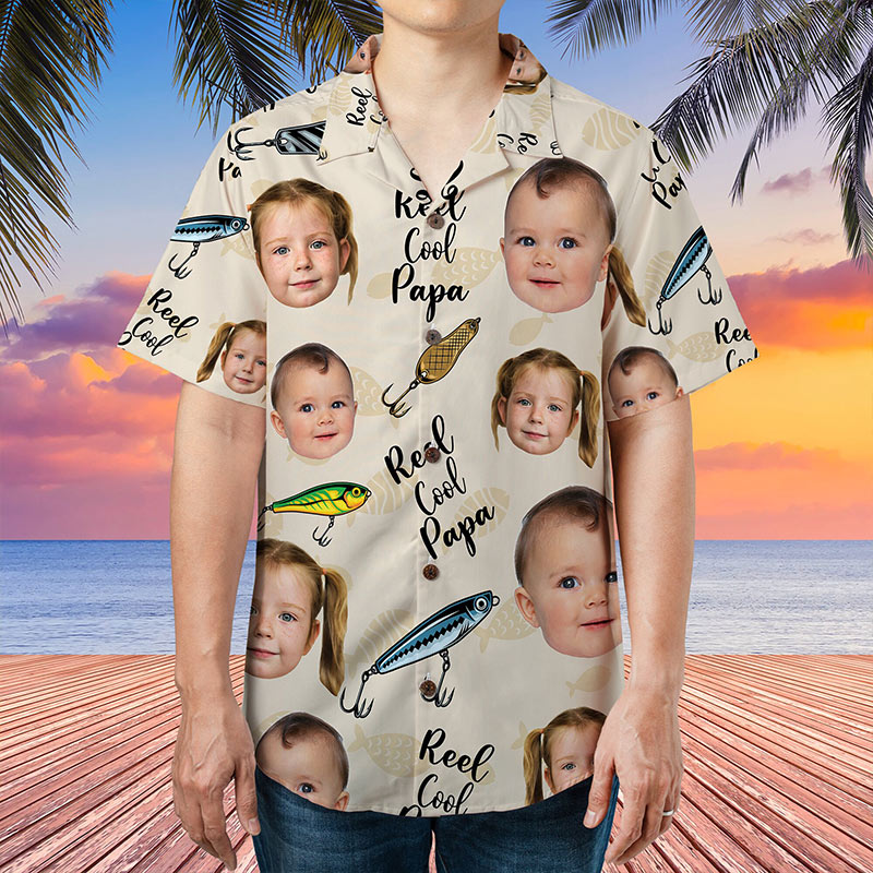 Personalized Reel Cool Papa Shirt Hawaiian Shirt With Face Custom Portrait Face Hawaiian Dad Grandpa Fishing Shirt With Kid Face Funny Papa Tee