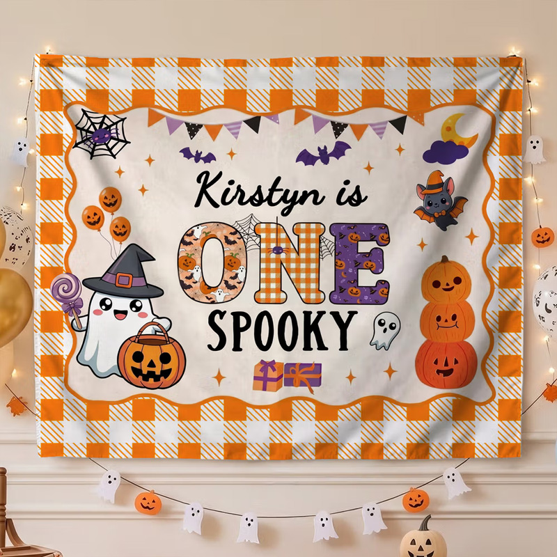 Personalized Cute Bat Pumpkin Ghost Banner with Name Party Backdrop Decor First Birthday Halloween Party Gift for New Parent Baby