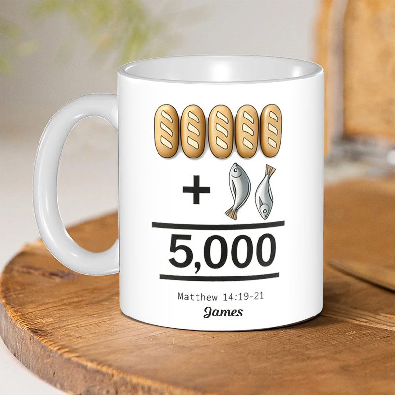 Personalized Five Loaves of Bread and Two Fish Ceramic Mug with Name Jesus Encouragement Coffee Mug Religious Christian Gift