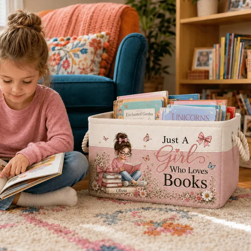 Personalized Book Storage Bin Custom Name Fabric Organizer For Kids Library Classroom Nursery Toy Basket