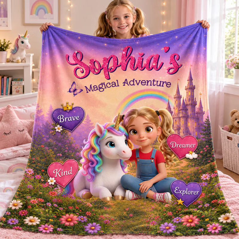 Personalized Cartoon Kid Photo Fantasy Rainbow Horse Dinosaur Adventure Soft Throw Blanket with Name Home Decor Back to School Birthday Gift for Kids