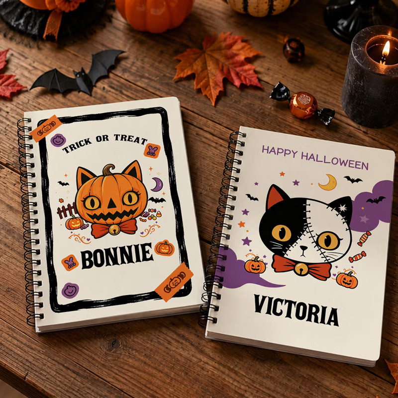 Personalized Halloween Theme Kitty Pumpkin Candy A5 Spiral Notebook with Name and Text Halloween Gift for Kid Halloween Lover