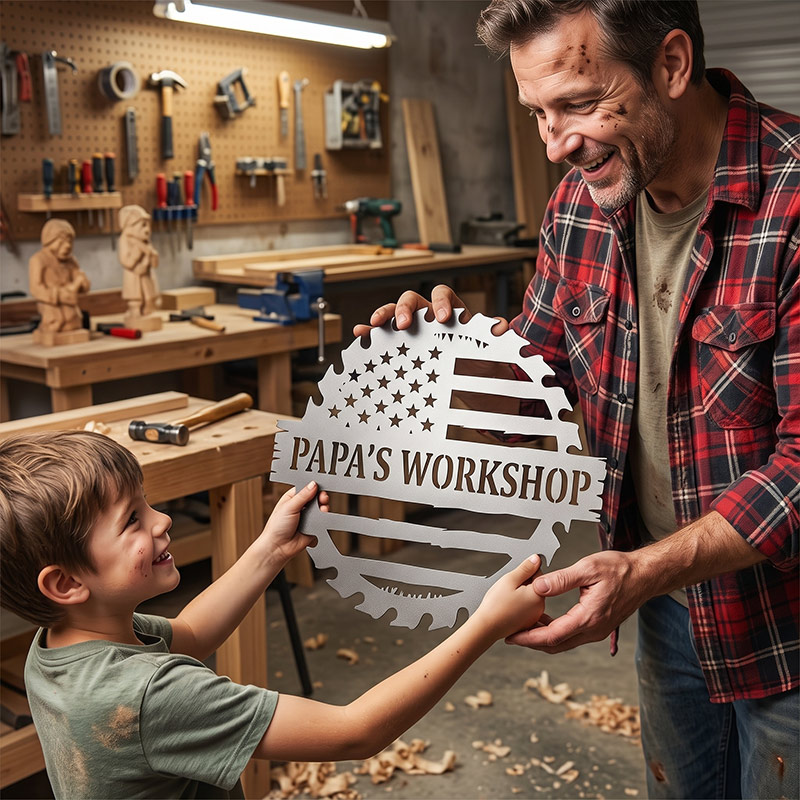 Personalized Metal Sign for Dad Custom Papa's Workshop Sign Patriotic USA Waving Flag Flag Sign Sawblade Gift for Dad Grandpa