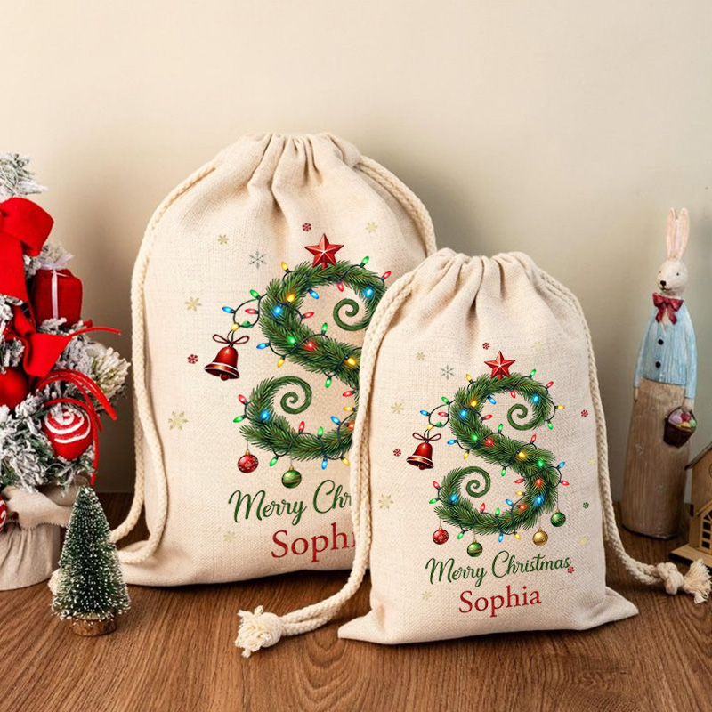 Personalized Christmas Gift Sack Custom Name Alphabet Tree Santa Bag Holiday Present Storage For Kids