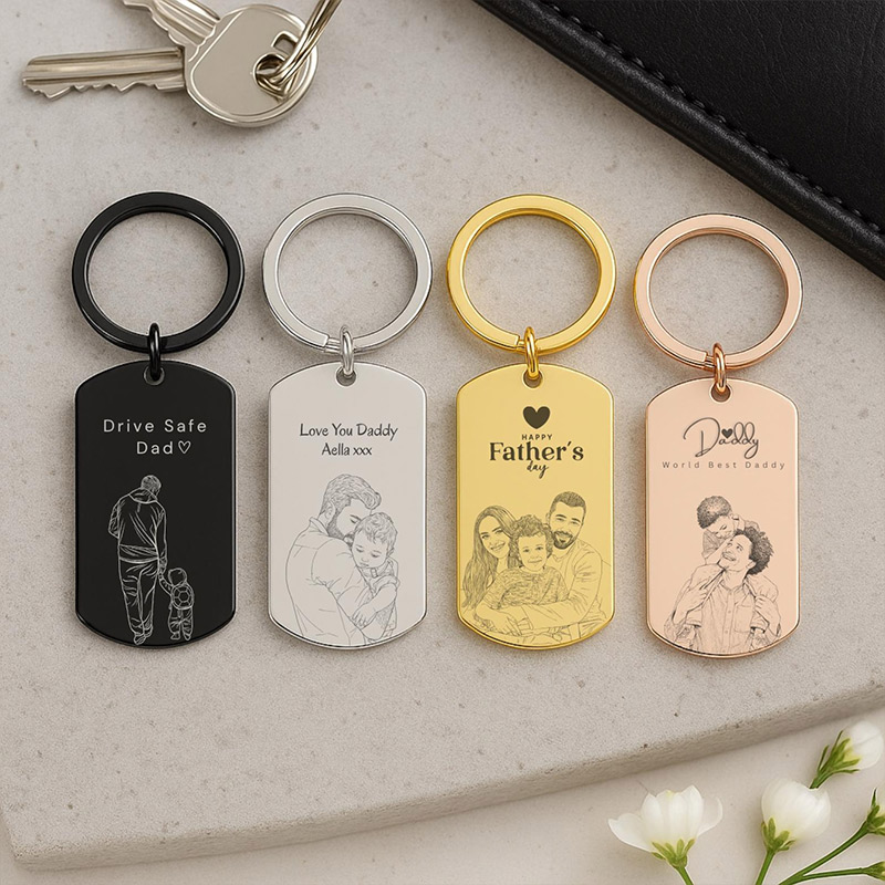 Personalized Photo Keychain Custom Engraved Sketch Keyring for Dad Memorial Stainless Steel Keepsake Birthday Gift for Him
