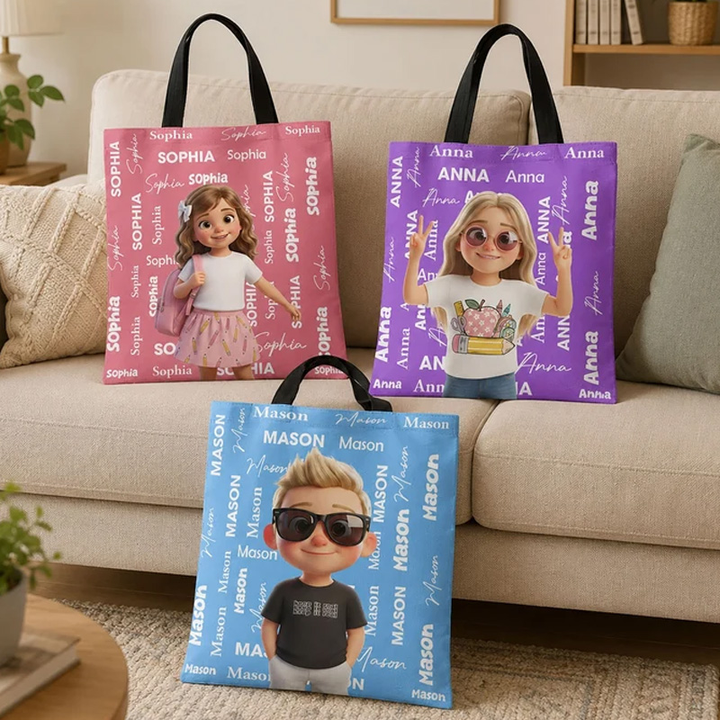 Personalized Kids Tote Bag Custom Name Cute Character Reusable School Library Shopping Shoulder Bag