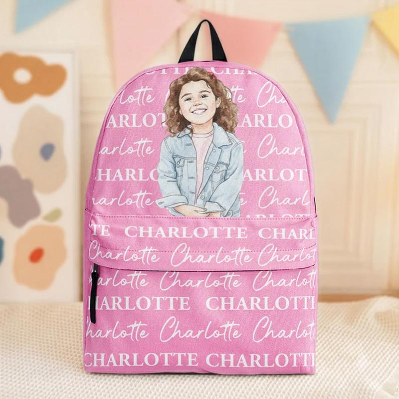 Personalized Kids Backpack Custom Name Portrait Pink School Bag Cute Character Lightweight Travel Daypack