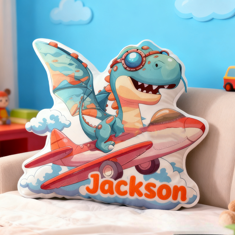 Personalized Cartoon Dinosaur Flying a Plane with Name Graphic 3D Print Pillow Christmas Gift for Kids Birthday Gift