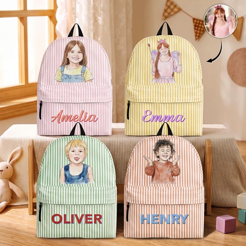 Personalized Kids Backpack Custom Name Portrait Striped School Bag Cute Character Lightweight Travel Daypack