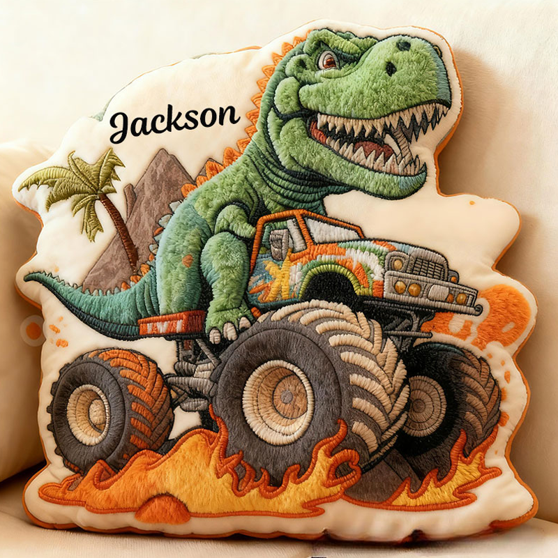 Personalized Dinosaurs Driving Trucks with Name Graphic 3D Print Pillow Christmas Gift for Kids Birthday Gift