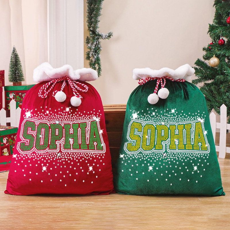 Personalized Christmas Gift Sack Custom Shiny Name Drip Faux Rhinestone Red Santa Bag Letter Holiday Present Storage