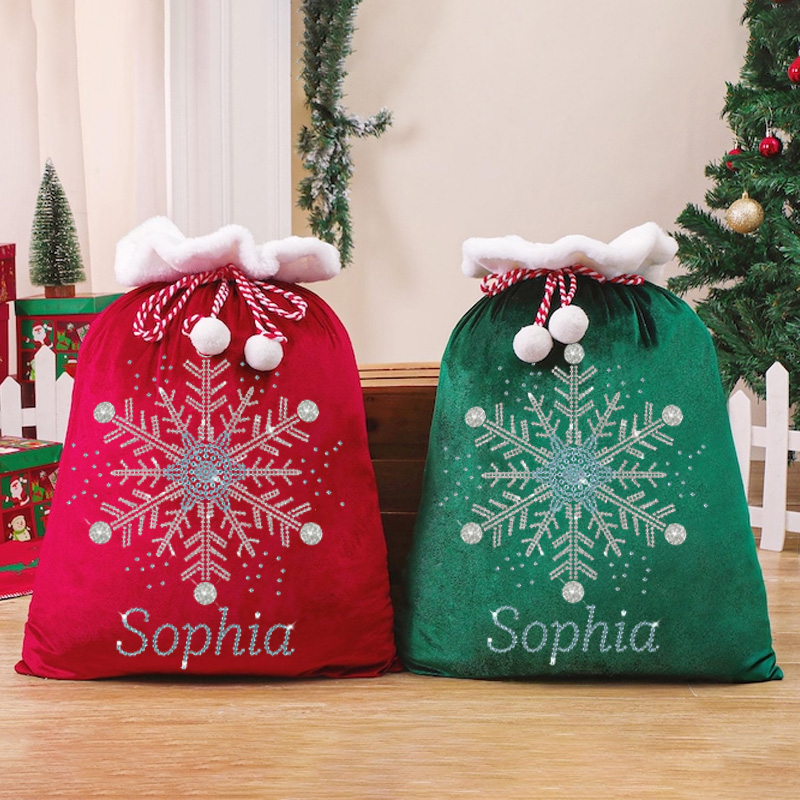 Personalized Christmas Gift Sack Custom Name Velvet Santa Bag White Snowflake Large Holiday Storage