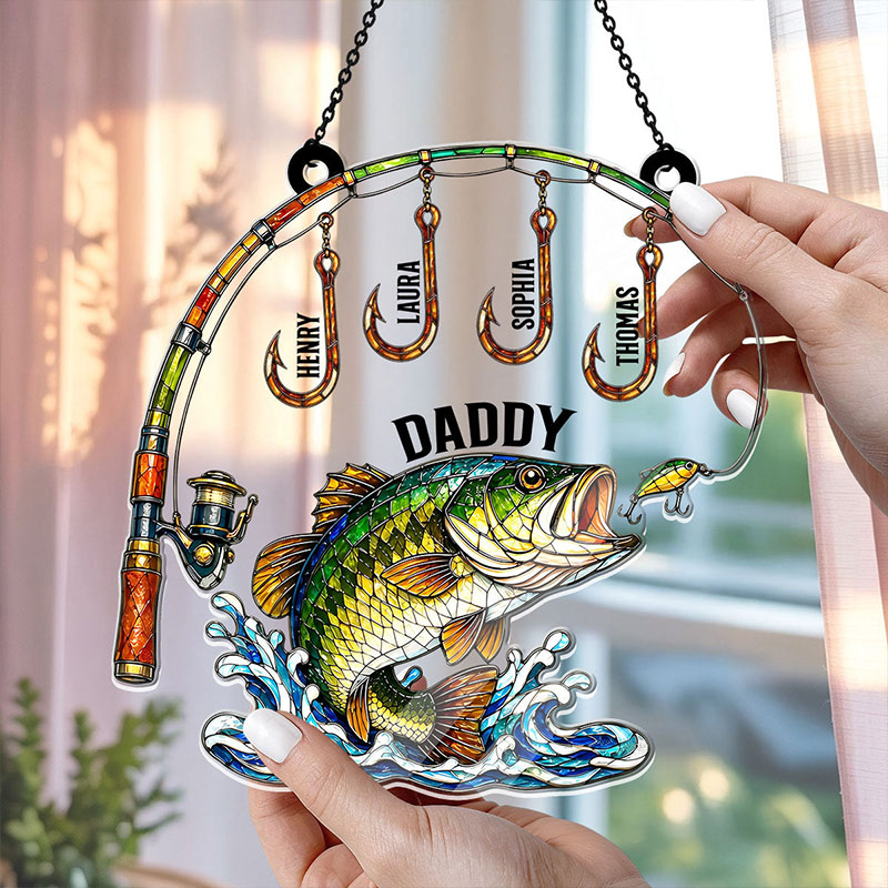 Personalized Fishing Daddy Acrylic Suncatcher with Kids Names Custom Fishing Lover Gift for Dad Grandpa