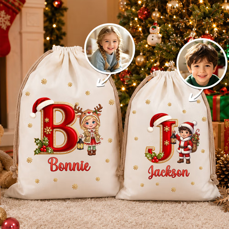 Personalized Photo Design Santa Claus Gift Bag with Name and Initial Christmas Gift for Family Friends
