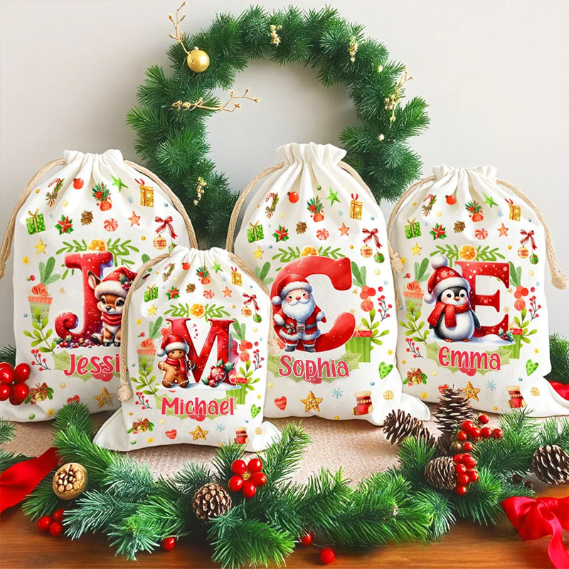 Personalized Snowman Reindeer Penguin Christmas Initial Drawstring Christmas Gift Bag with Name Christmas Eve Party Gift for Kids Family Friends