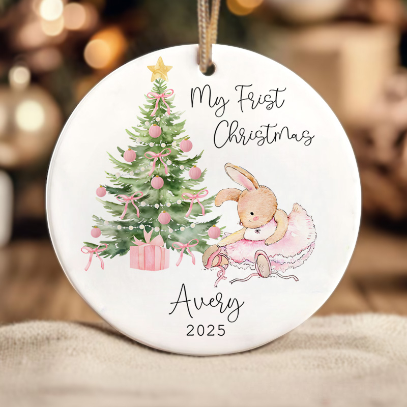 Personalized Bunny with Christmas Tree Baby's First Christmas Ornament-unigiftshop