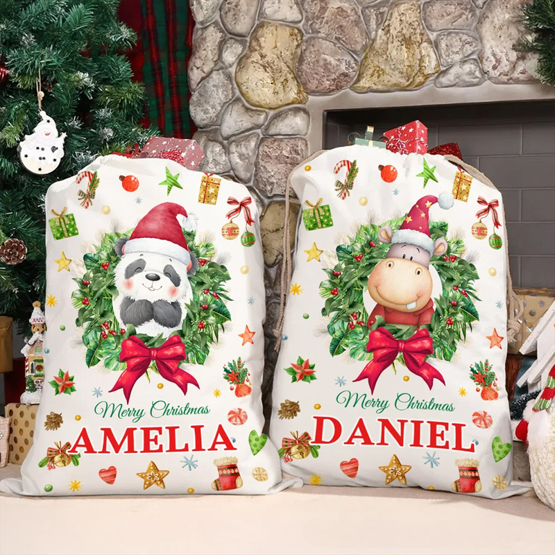 Personalized Cute Cartoon Christmas Animal Wreath Drawstring Christmas Gift Bag with Name Christmas Eve Party Gift for Kids Family Friends Sale-megacustom