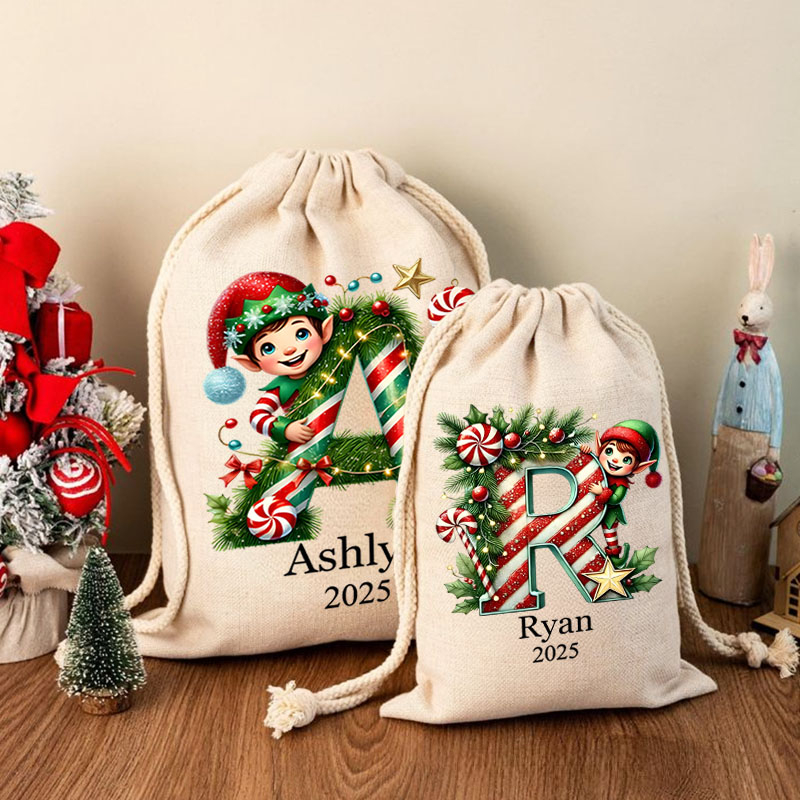 Personalized Festive Initial Christmas Bag with Candy Cane and Elf Design Featuring Name and Year for Holiday Joy