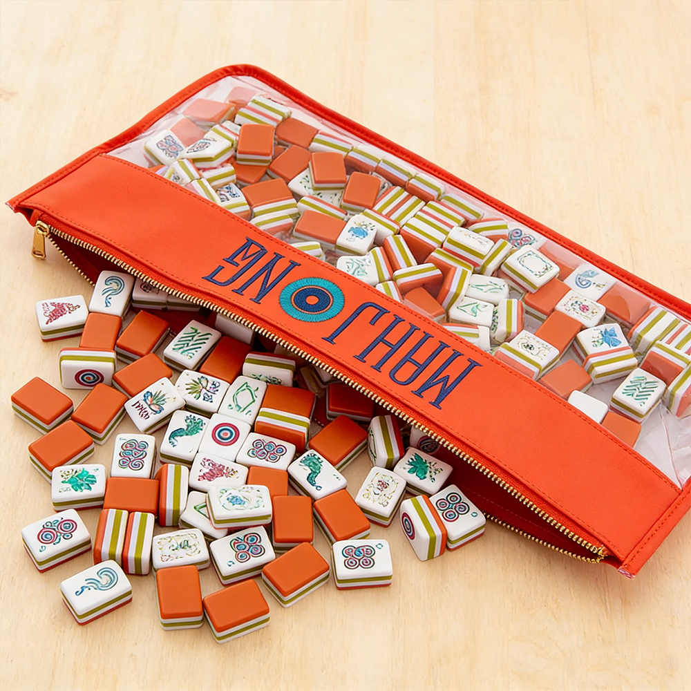 Personalized Name Mahjong Tile Storage Bag Orange Zippered Pouch With Clear Window Personalized Mahjong Case Ideal For Travel And Tile Organization