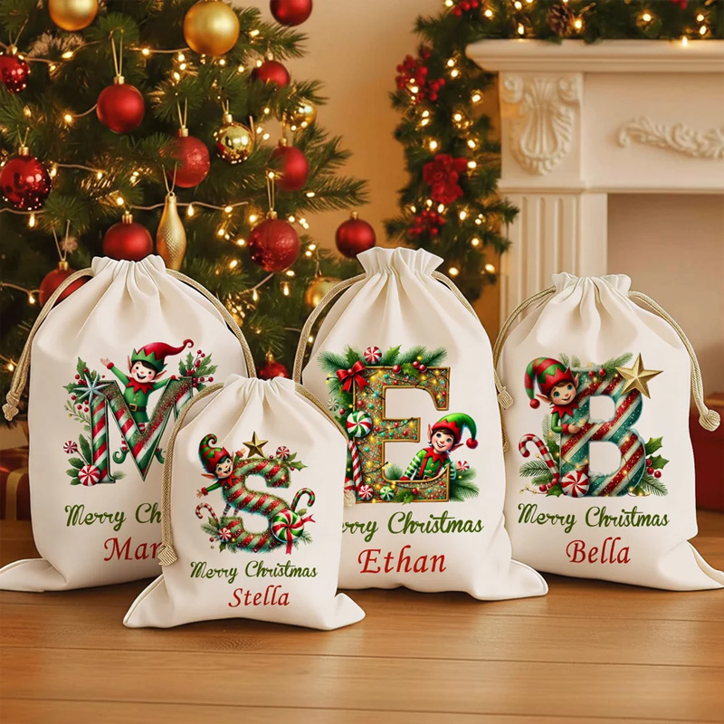 Personalized Merry Christmas Cute Elf Canvas Drawstring Gift Bag with Name and Initial First Christmas Party Favors for Kids Family Sale-megacustom