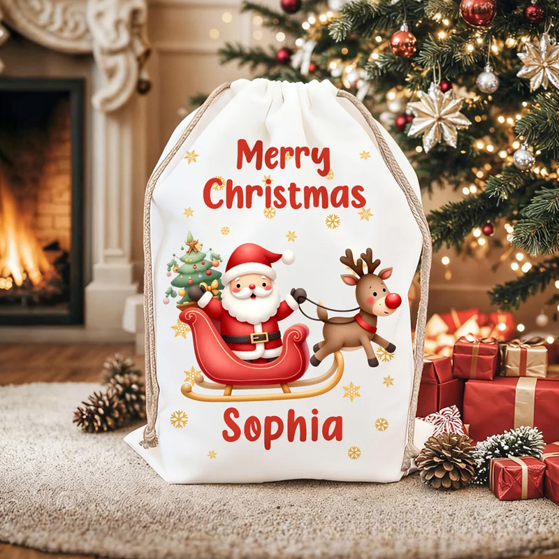 Personalized Cute Cartoon Santa Claus Snowflake Drawstring Christmas Gift Bag with Name Merry Christmas Gift for Kids Family