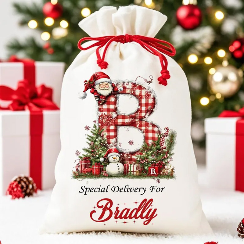 Personalized Plaid Initial Christmas Bag with Festive Snowman and Custom Name for Special Holiday Deliveries Christmas Bag