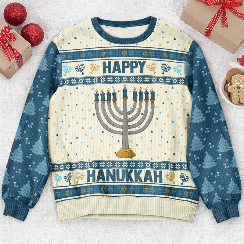 Personalized Happy Hannukah Ugly Sweater Menorah Dreidel Star of David Ugly Sweater Religious Gift Happy Hannukah Gift