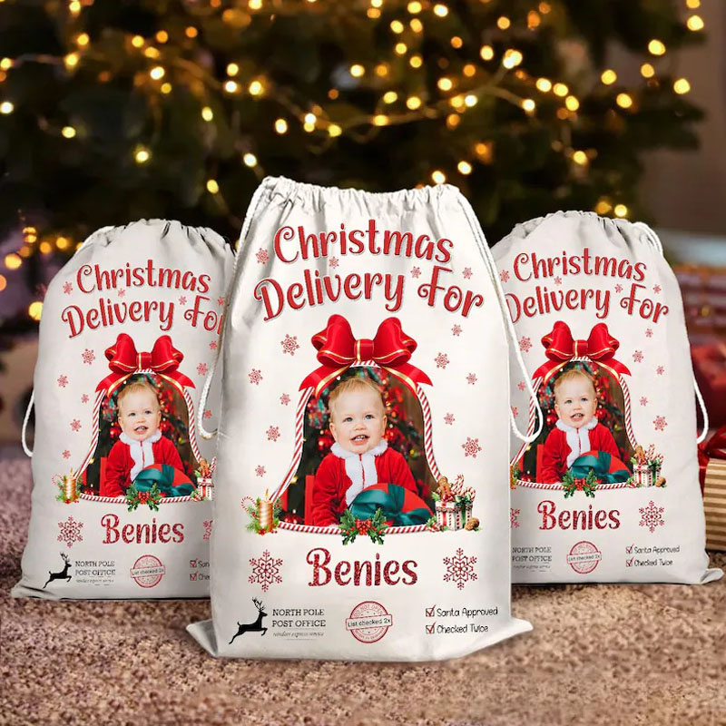 Personalized Photo Christmas Bag with Festive Frame and Custom Name for Heartfelt Holiday Gift Giving Christmas Bag