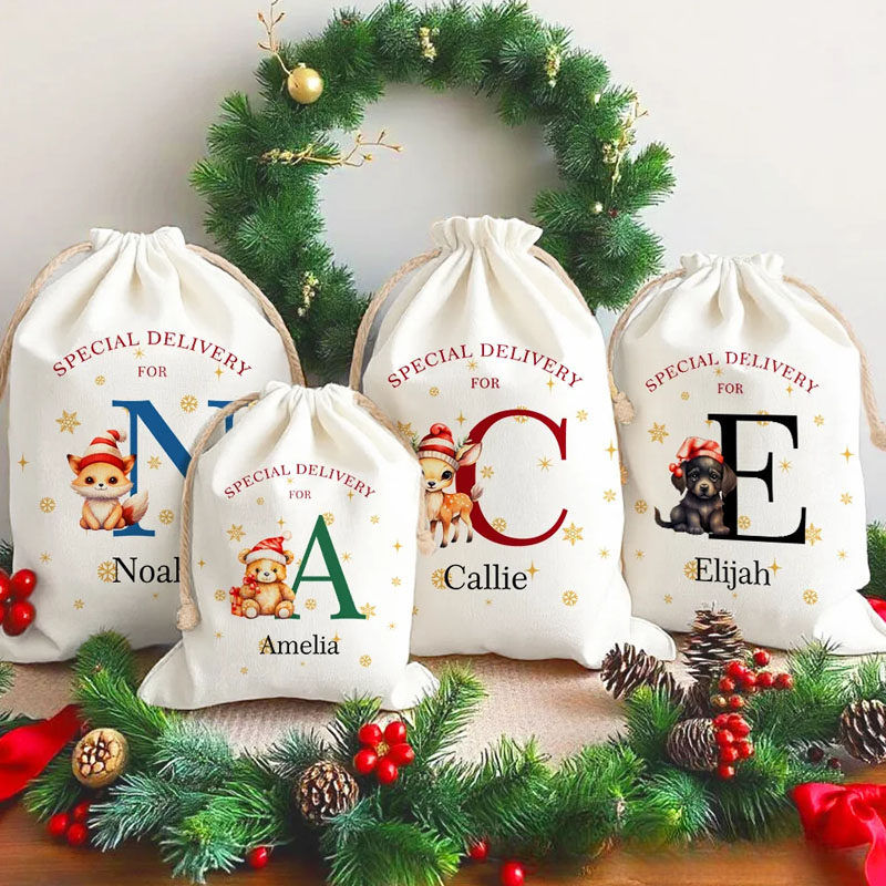 Personalized Special Delivery Christmas Theme Animal Pattern Drawstring Canvas Gift Bag with Name Christmas Gift for Kid