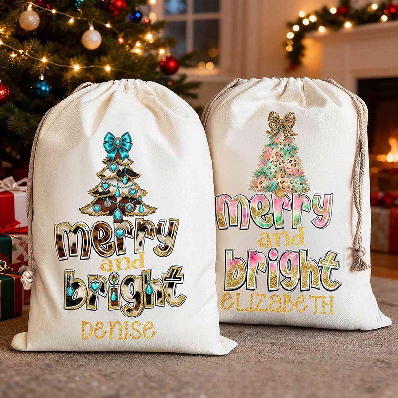Personalized Merry and Bright Christmas Bag with Festive Tree Design and Custom Name for Joyful Holiday Cheer Christmas Bag