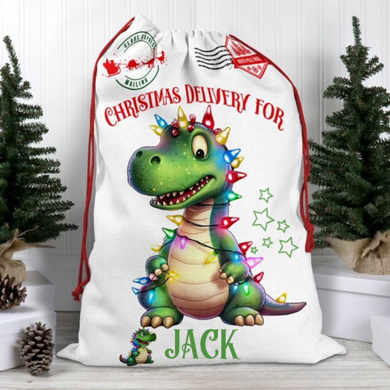 Personalized Dinosaur Delight Christmas Bag with Festive Lights and Custom Name for Joyful Holiday Surprises Christmas Bag