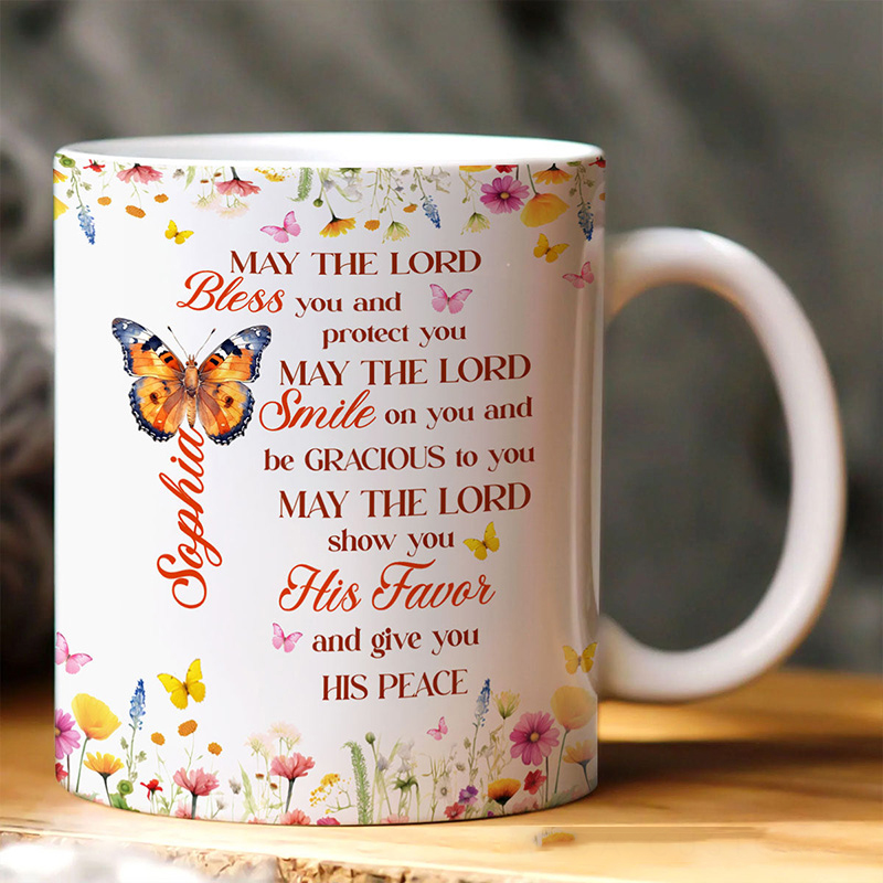 Personalized May The Lord Bless You 11oz 15oz Ceramic Mug with Birth Butterfly and Name Floral Butterfly Coffee Mug Religious Christian Gift for Her