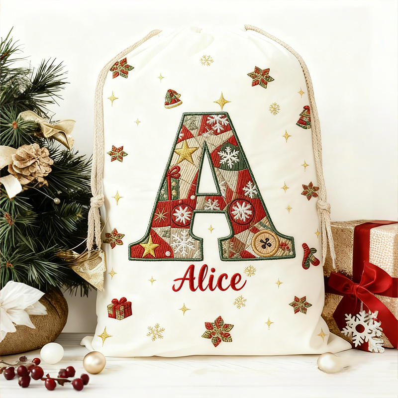 Personalized Initial Christmas Bag with Custom Name and Festive Imitation Embroidery Effect Style Design for Holiday Gifts Christmas Bag