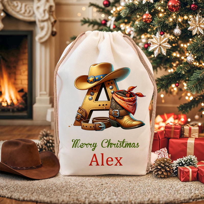 Personalized Santa Sack with Custom Name Western Christmas Gift Bag for Kids and Family Christmas Cowboy Boot Initial Name Gift Bag