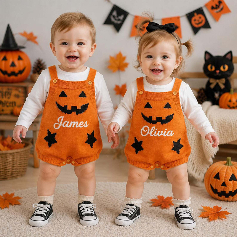 Personalized Baby Knitted suspenders Romper Halloween Pumpkin Jack O Lantern Outfit Custom Name Sleeveless Jumpsuit Costume