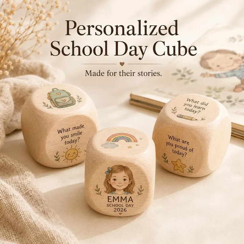 Personalized School Day Cube Wooden Memory Dice Custom Name Back To School Keepsake Gift For Kids