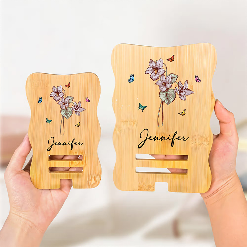 Personalized Retro Birth Flower Butterfly Wooden Phone Holder with Name Custom Grandma Mom Phone Holder Office Home Daily Use Birthday Gift for Family