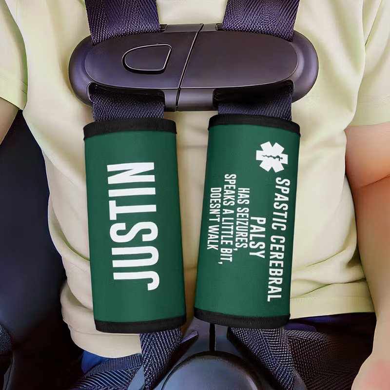 Personalized Multicolor Emergency Alert Carseat Straps with Name and Text Set of 2 Birthday Caring Gift for Allergy Autism Kids Family