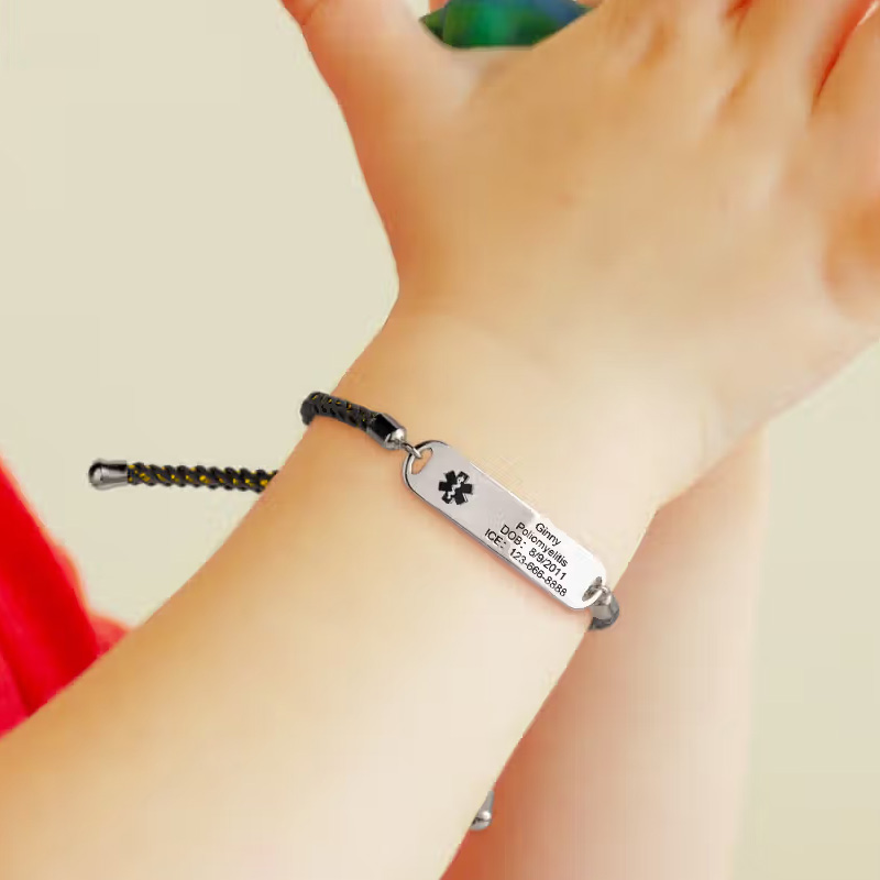 Personalized Adjustable Colorful Braided Cord Medical Emergency Alert ID Bracelet with Engraved Star of Life and Text Gift for Allergy Autism Kids