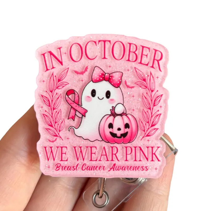 Personalized Breast Cancer Awareness Pin Cute Ghost In October We Wear Pink Support Ribbon Accessory