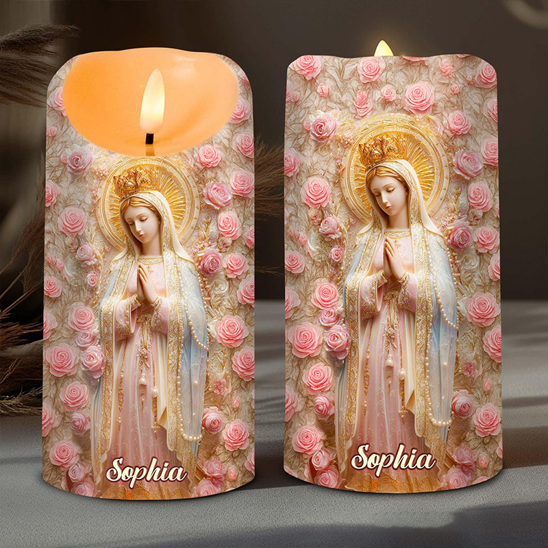 Personalized Our Lady of Guadalupe LED Candle with Name Catholic Religious Décor Virgin Mary Rose Flameless LED Candle Gift for Prayer & Faith