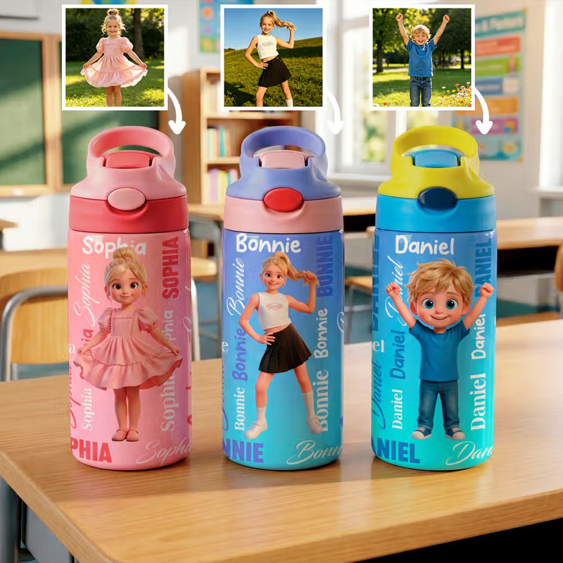 Personalized Cartoon Character BPA-Free Transparent or Insulated Water Bottle with Straw and Name Back to School Gift for Kids