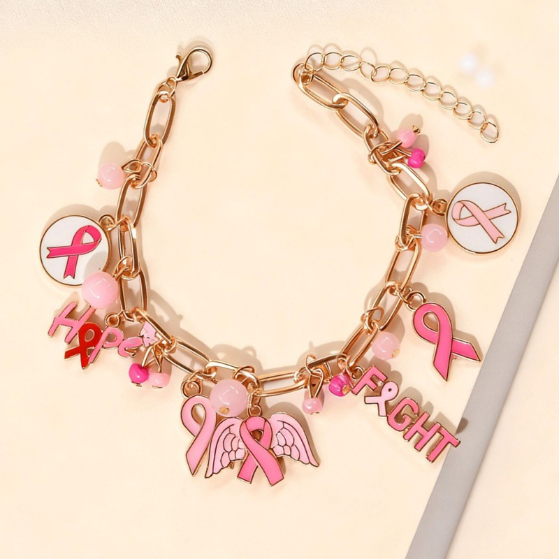 Breast Cancer Awareness Charm Bracelet Pink Ribbon Angel Wing Beaded Chain Jewelry For Women