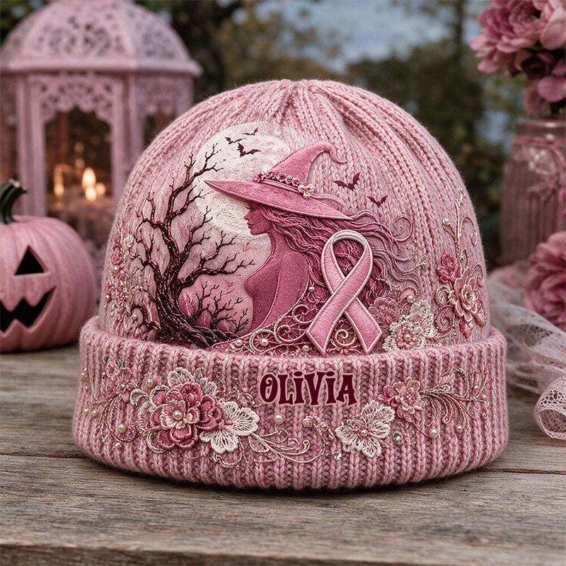 Personalized Breast Cancer Awareness Knit Beanie Pink Ribbon Tree Moon Pattern Name Hat For Women Winter Warm